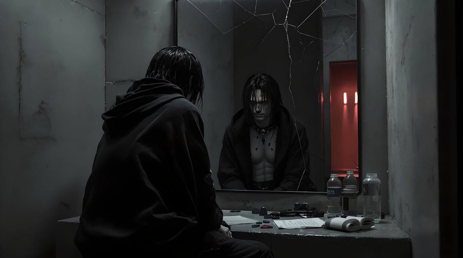 03 Lucien Voidreign sitting in front of a cracked mirror in a concrete dressing room wearing a black hoodie