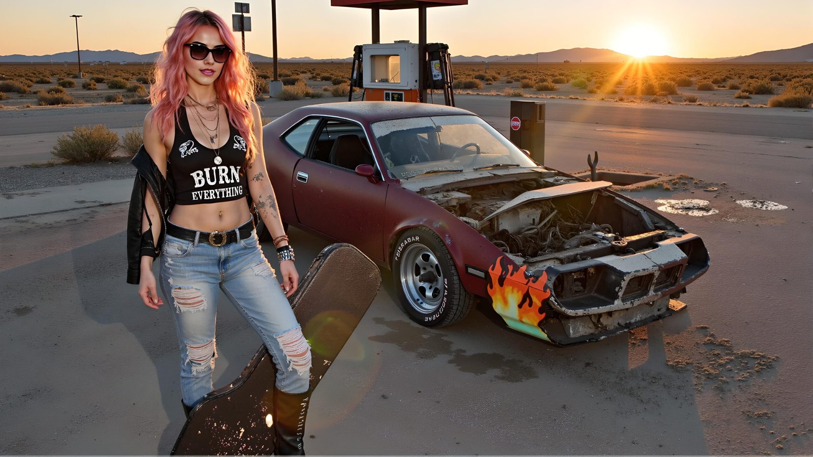 Seraphina Ashtorn standing at gas station with guitar case and flame-painted muscle car at sunset