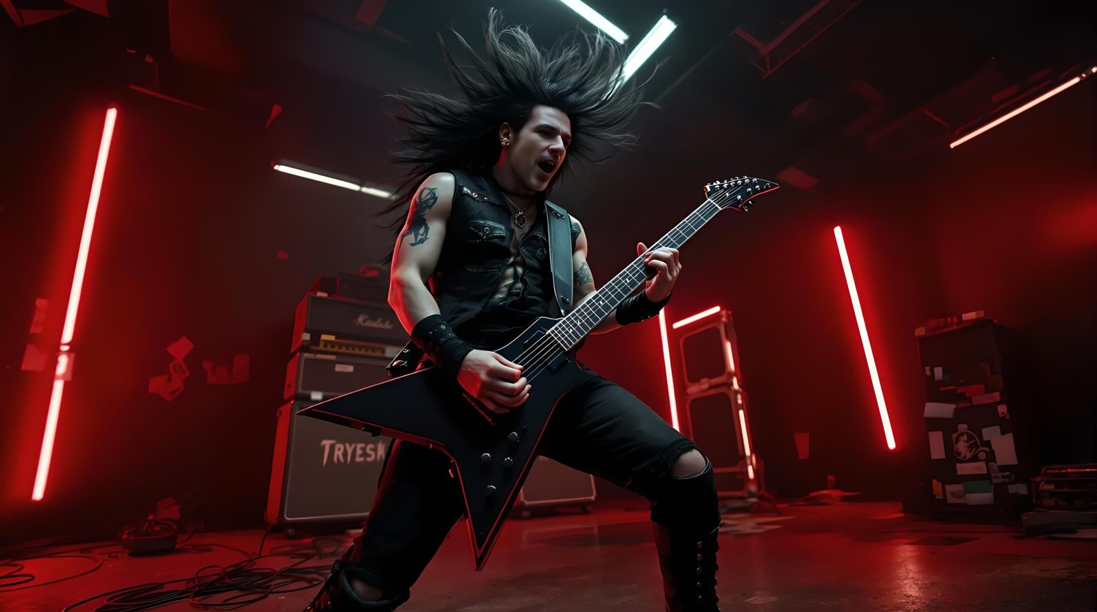 03 Gothic guitarist Draven Blackthorn headbanging mid-performance under red lights with intense expression and black guitar.