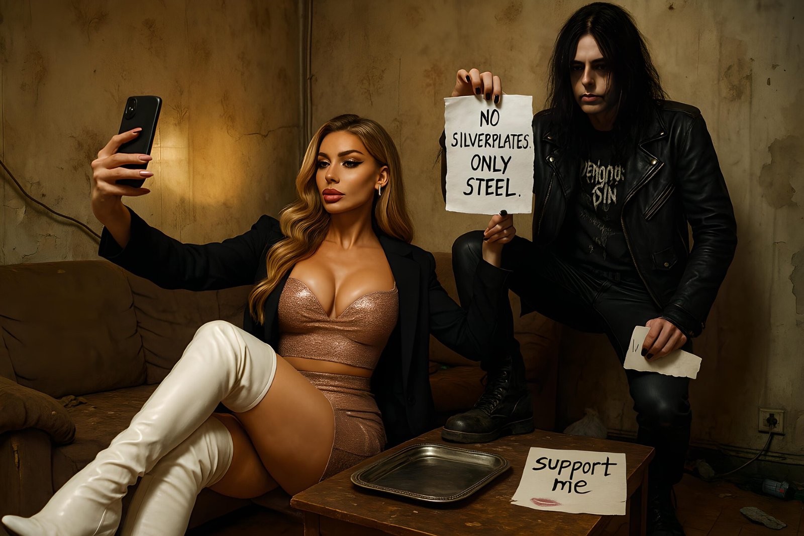 03 Xavi in worn black leather jacket holding a sign that says "No silverplates. Only steel." beside a glam influencer in a glitter outfit taking a selfie