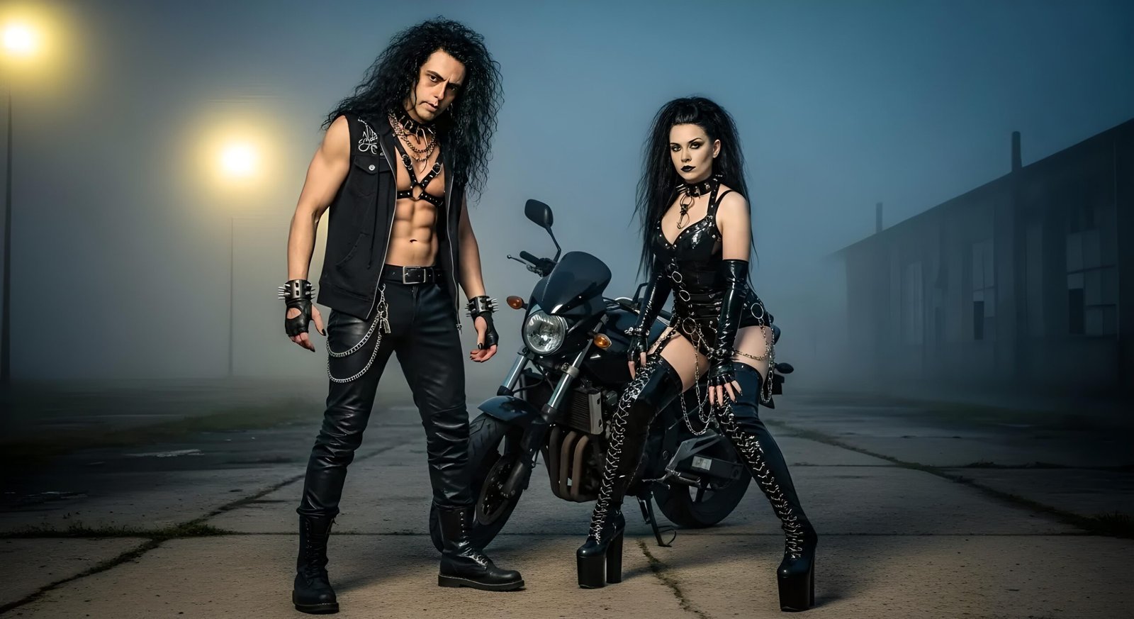 Goth couple in leather and latex standing by a motorcycle on a foggy night street.