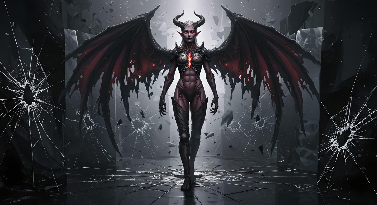 Oblivion walking through a shattered mirror realm with outstretched wings and glowing chest, glass fragments in the air.