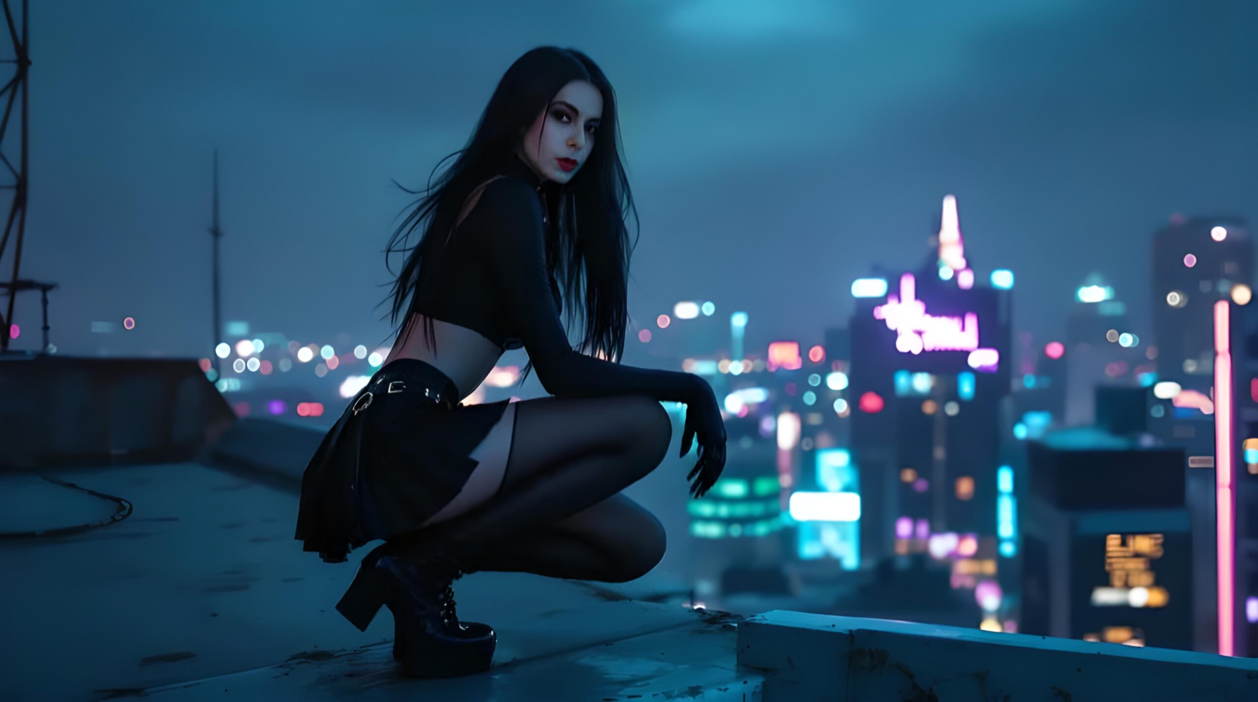 Gothic woman in black PVC crop top and mini skirt crouching on a rooftop with neon city lights behind her.