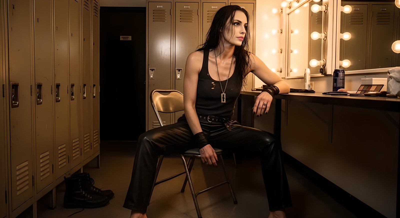 03 Ravena Deaththorn sits exhausted in a backstage locker room, wearing black tank top and leather pants with boots off"