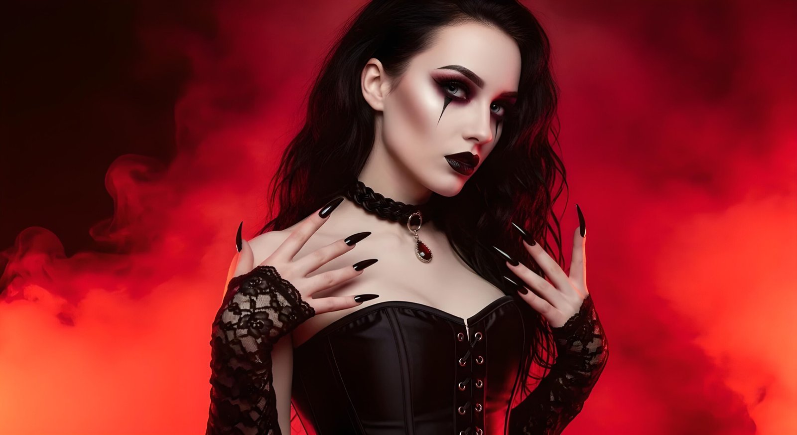03 Sylvana Nightshade close-up with gothic makeup and lace sleeves in red smoke