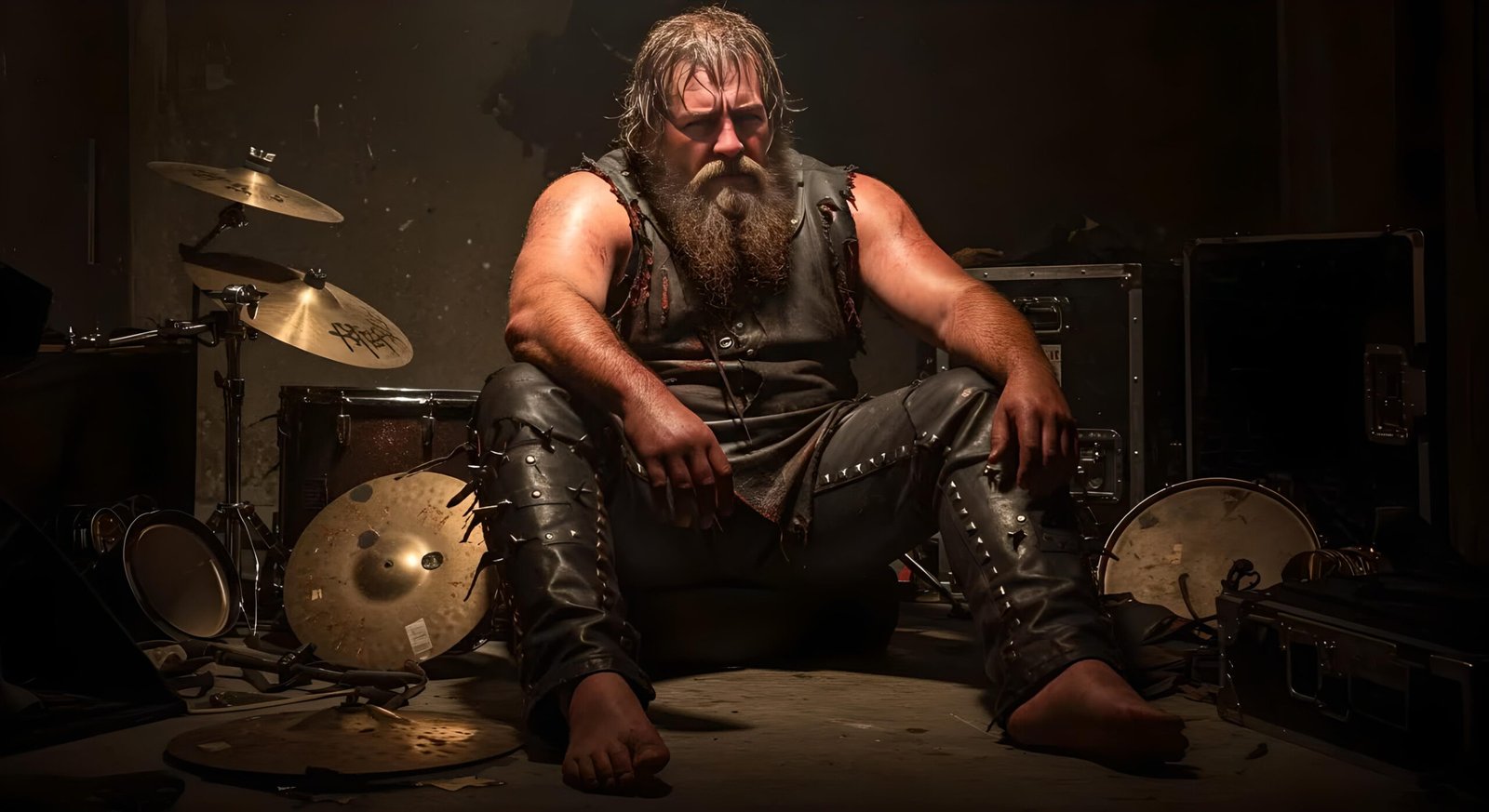 Exhausted Viking drummer barefoot, sitting on the floor among broken cymbals and drum cases in a dark backstage room.