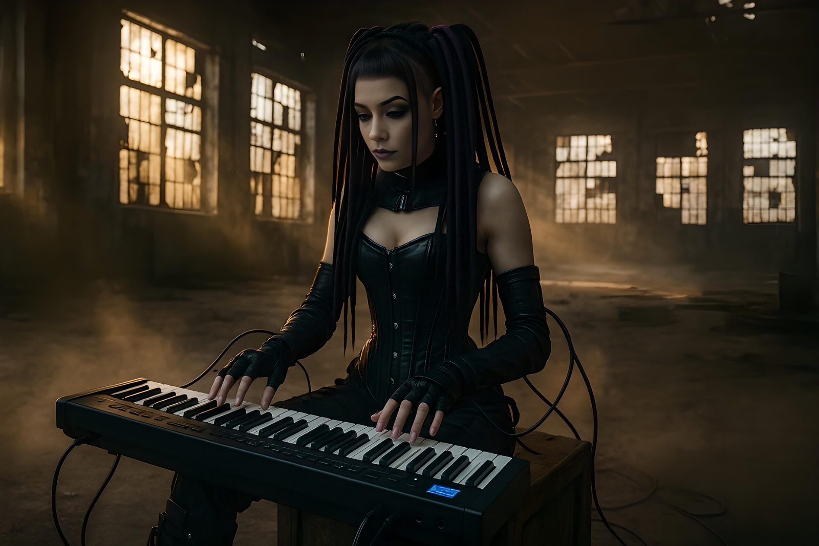 03 Gothic cybergoth woman playing keyboard in decayed warehouse, golden light through shattered windows