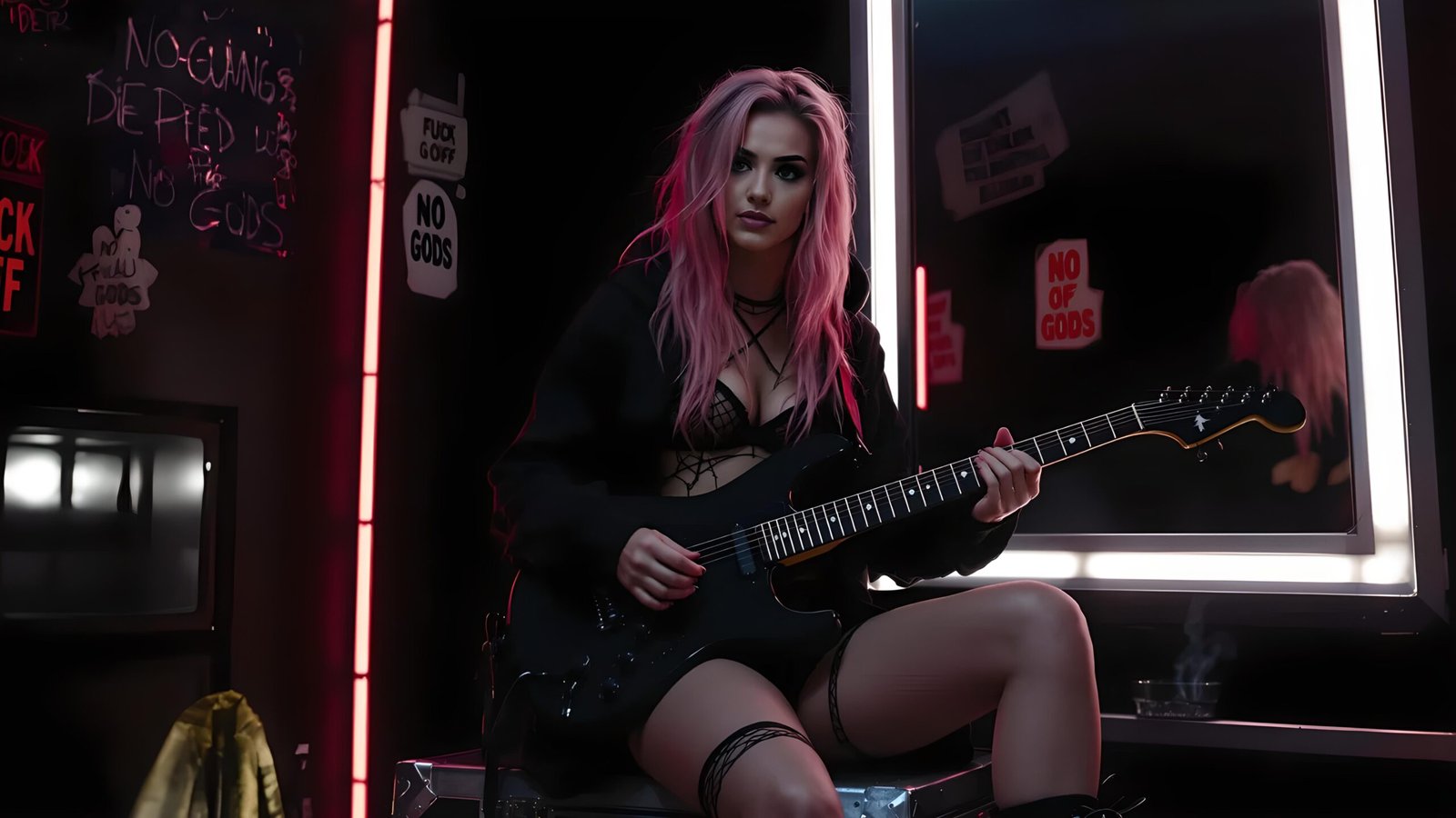 Seraphina Ashtorn tuning electric guitar backstage in lingerie and hoodie with punk stickers on mirror