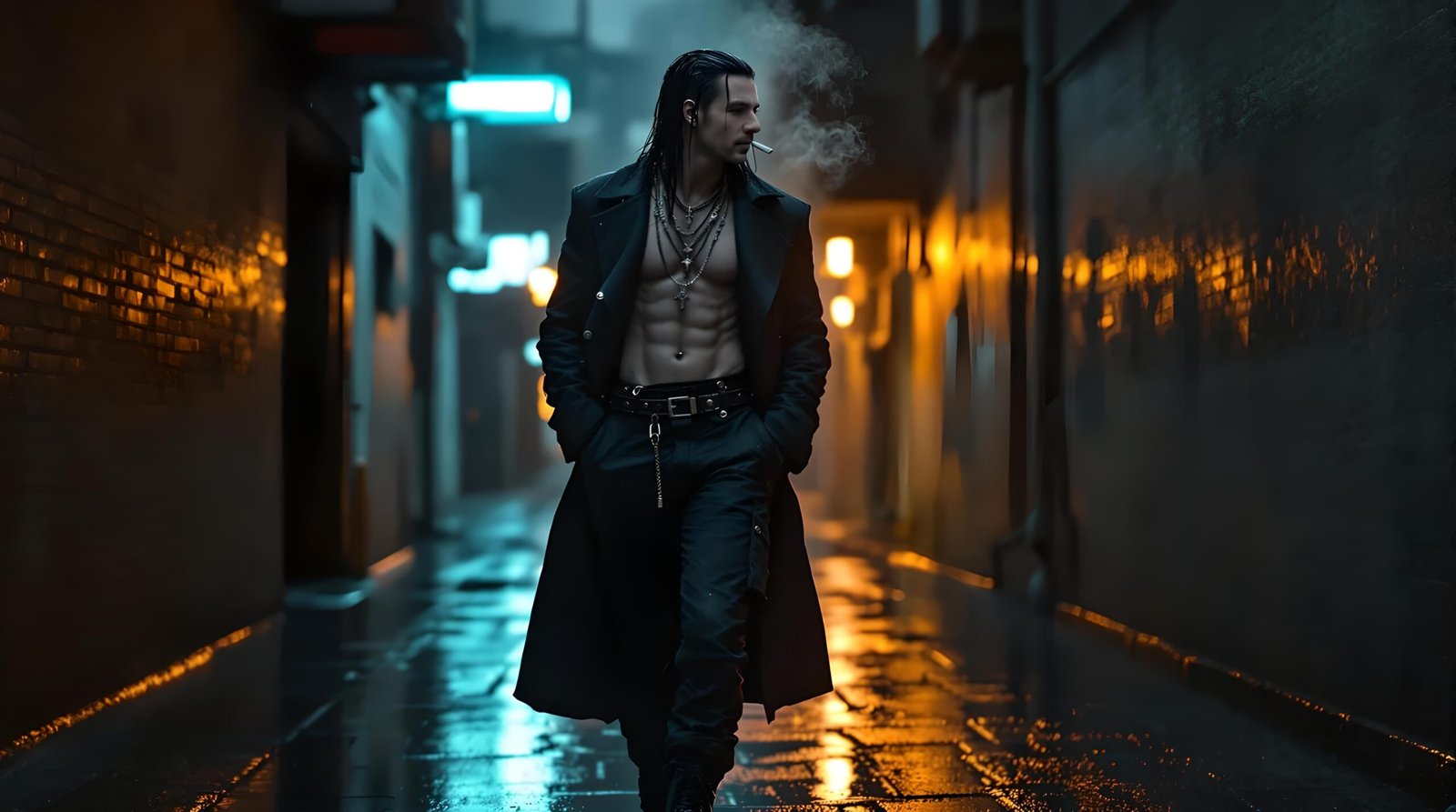 04 Draven Blackthorn walking alone through neon-lit rainy alleyway in long black coat, shirtless and smoking a cigarette.