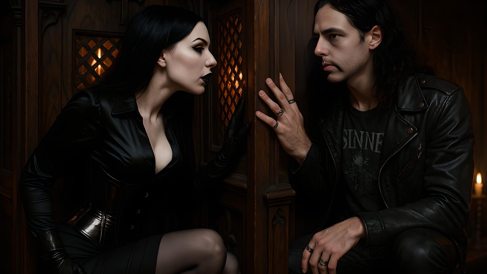 Lina and Xavi facing each other in a confessional, tension thick, her lips curled in disdain.