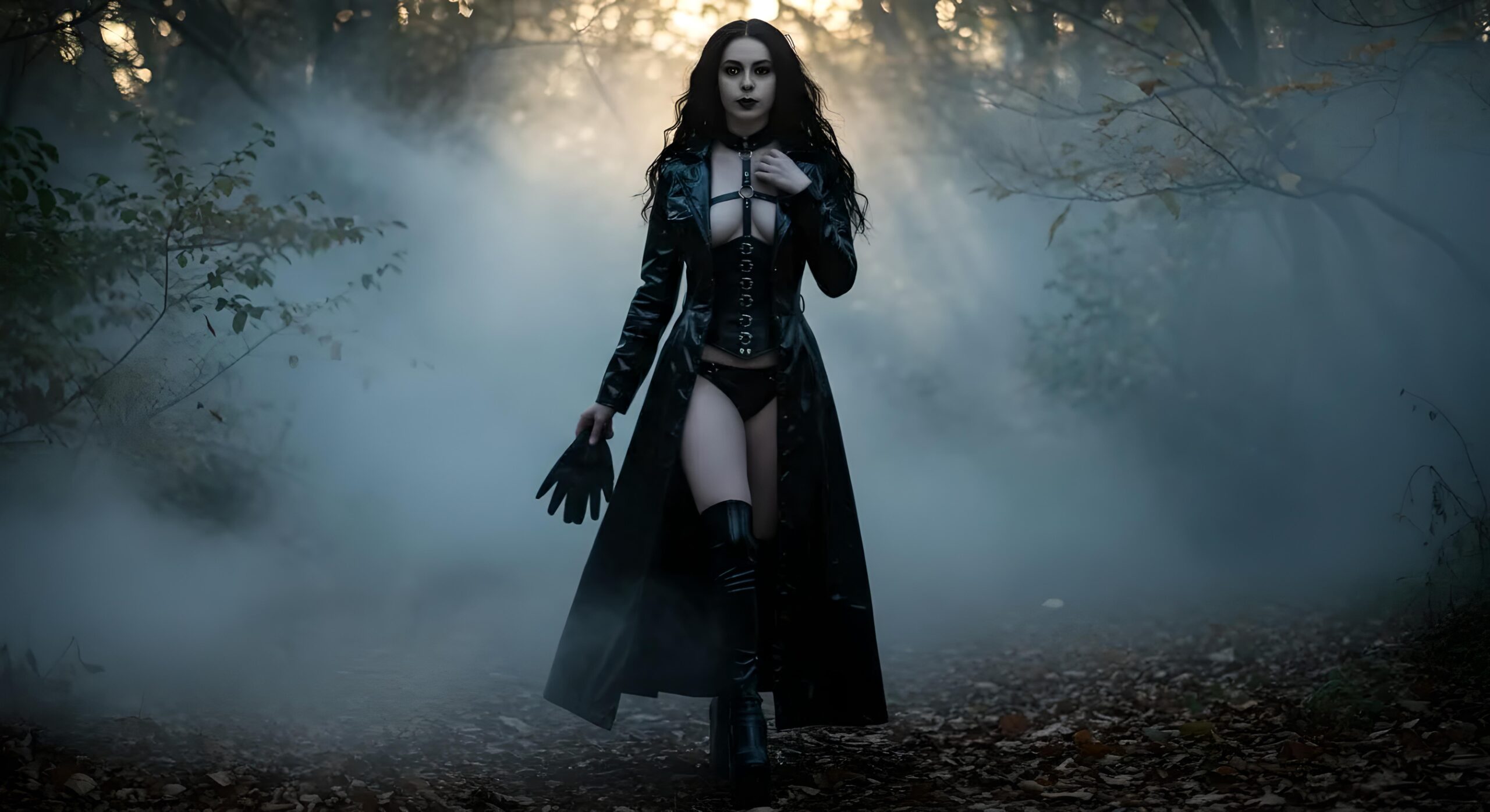 Deadly gothic woman in PVC trench coat and corset walks through foggy forest with gloves in hand. 