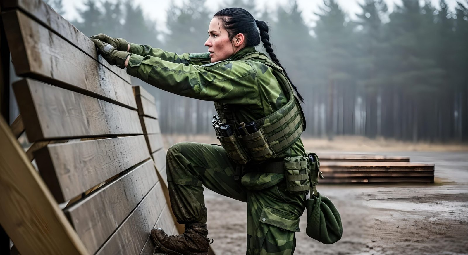 04 Ravena Deaththorn in Swedish Armed Forces uniform climbing a wooden wall during muddy outdoor military training
