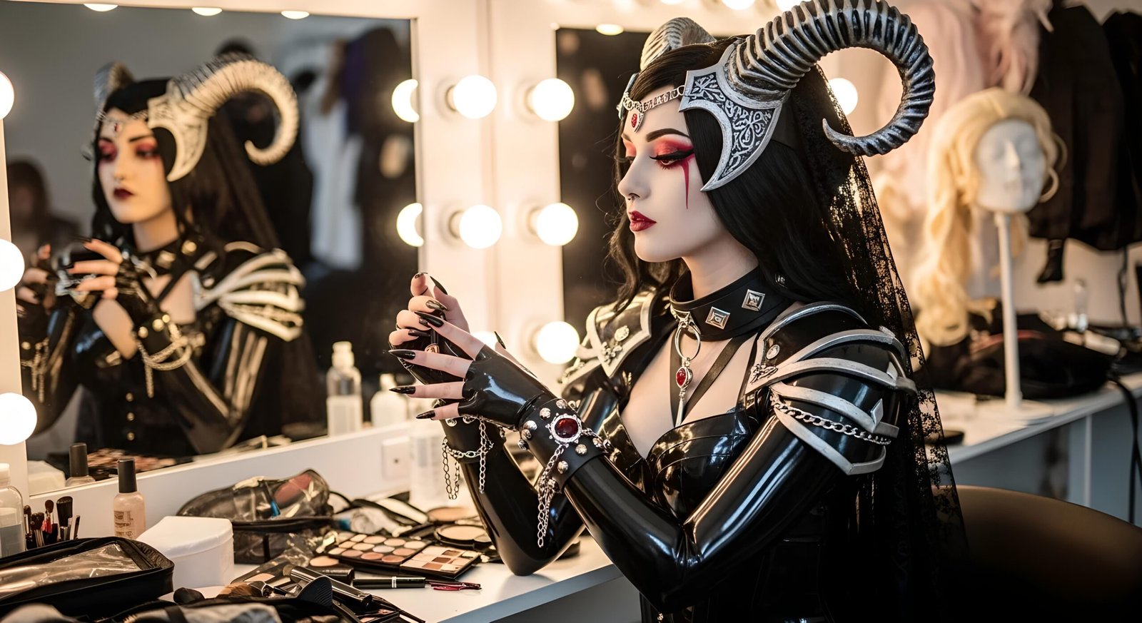 04 Sylvana Nightshade backstage in horned latex cosplay adjusting jewelry at vanity mirror