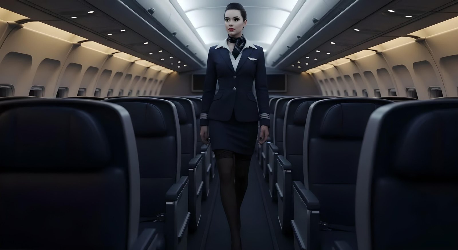 Zariel Graveborn walking through first-class airplane aisle in full dark blue flight attendant uniform. 