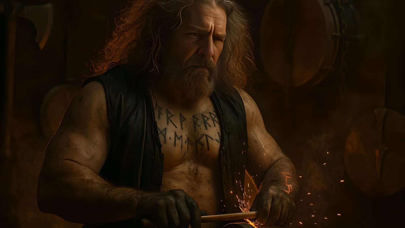 Muscular Viking drummer sharpening drumstick in forge, sparks flying, runes glowing on his skin.