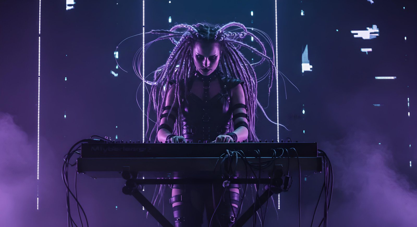 04 Gothic woman in hooded leather jacket walking through neon-lit cyberpunk alley at night