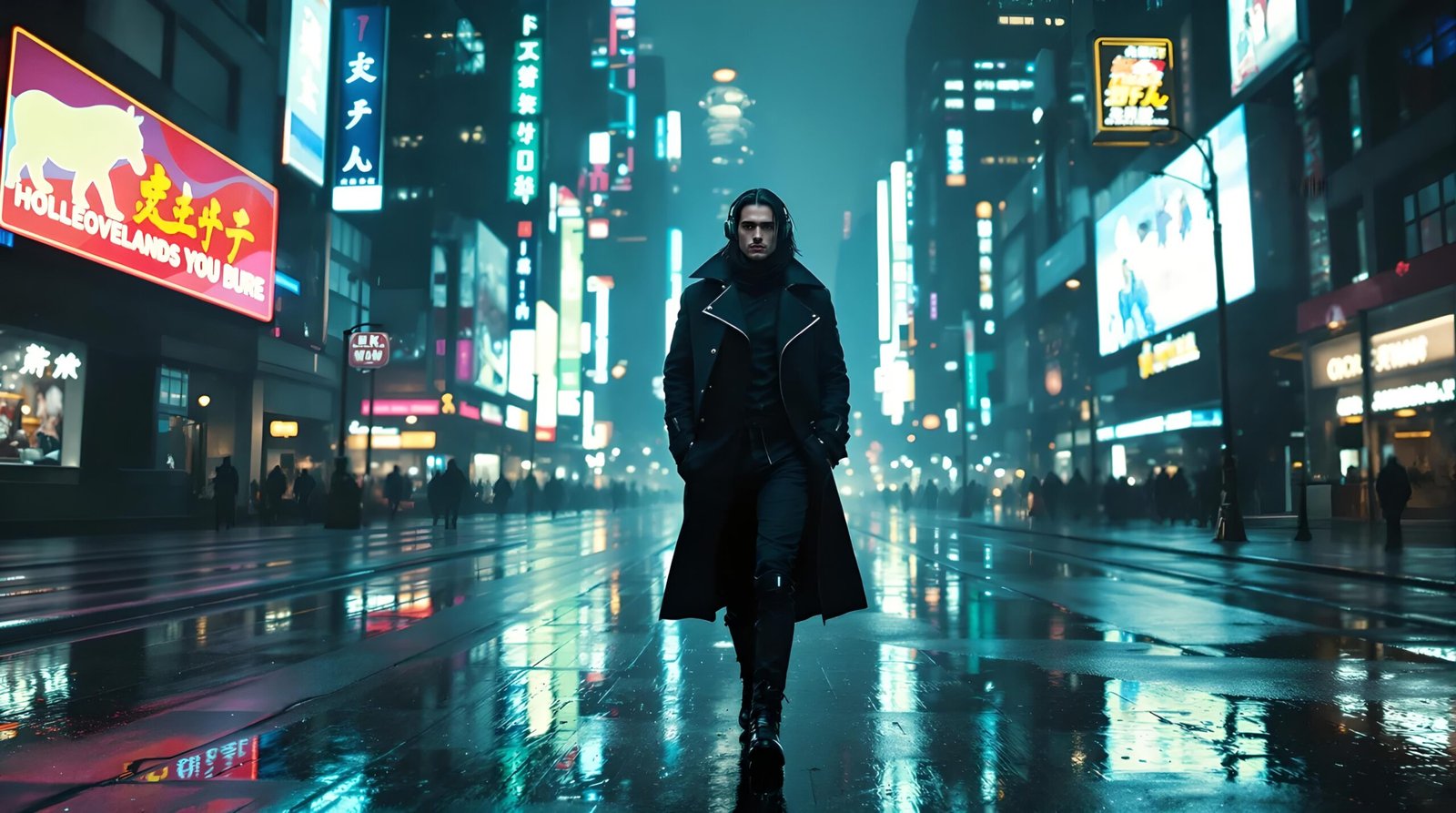 04 Lucien Voidreign walking alone on a neon-lit city street at night with wet pavement reflecting lights