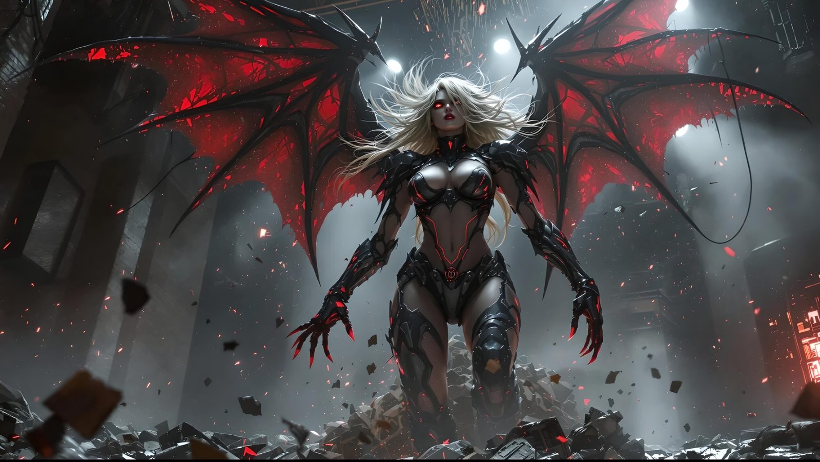 Oblivion erupting on stage with massive glowing red wings, armored body radiating chaos and power in a collapsing hall.