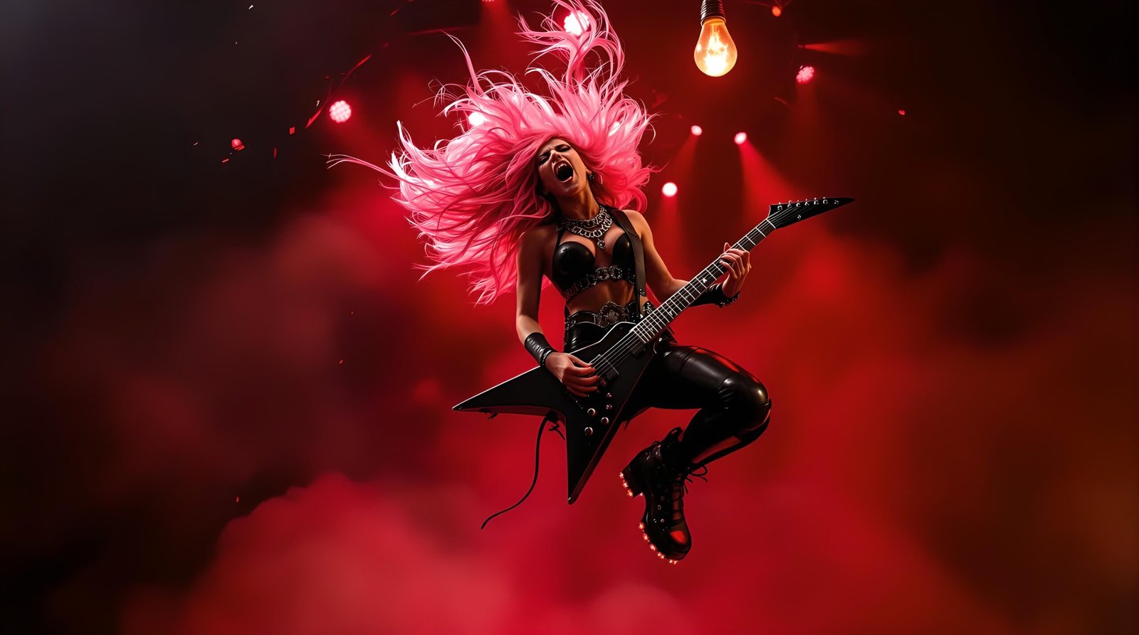 Seraphina Ashtorn jumping on stage under red lights with wild pink hair and leather outfit