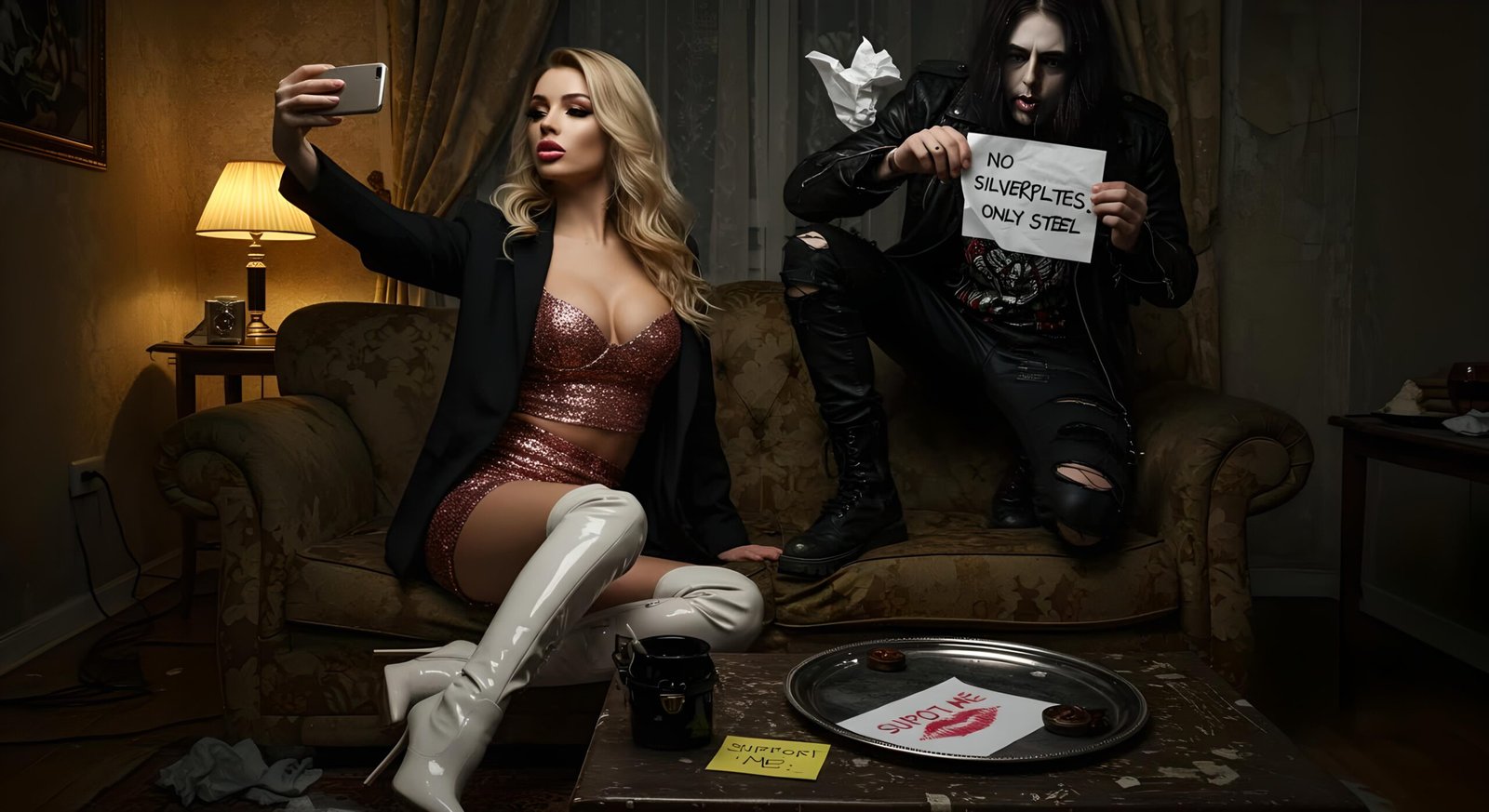05 Celeste in white boots and glitter top, taking a selfie beside Xavi who kneels on couch holding same steel sign.
