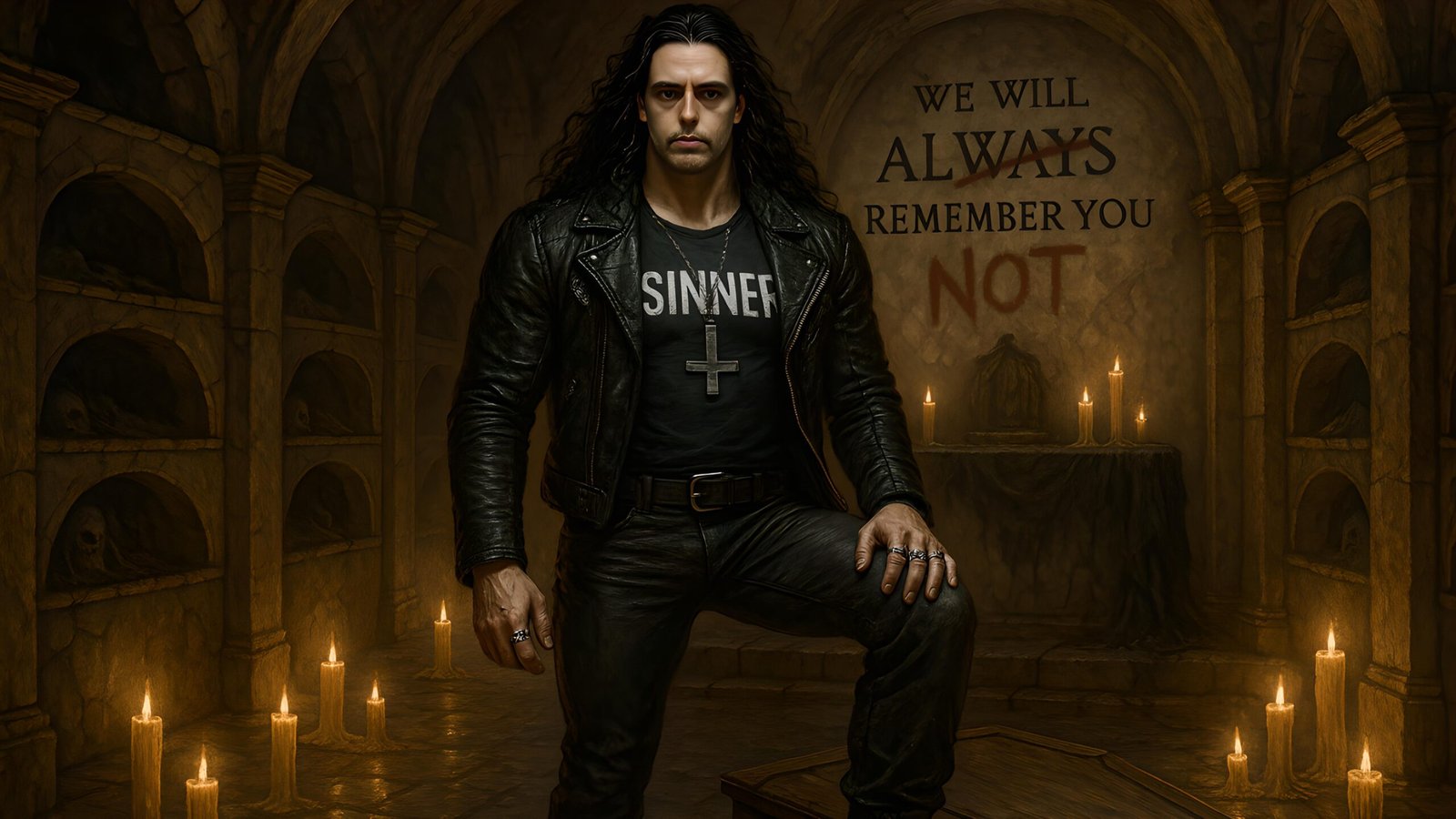 Xavi in underground ossuary with candles and rewritten memorial wall: "We will NOT remember you"