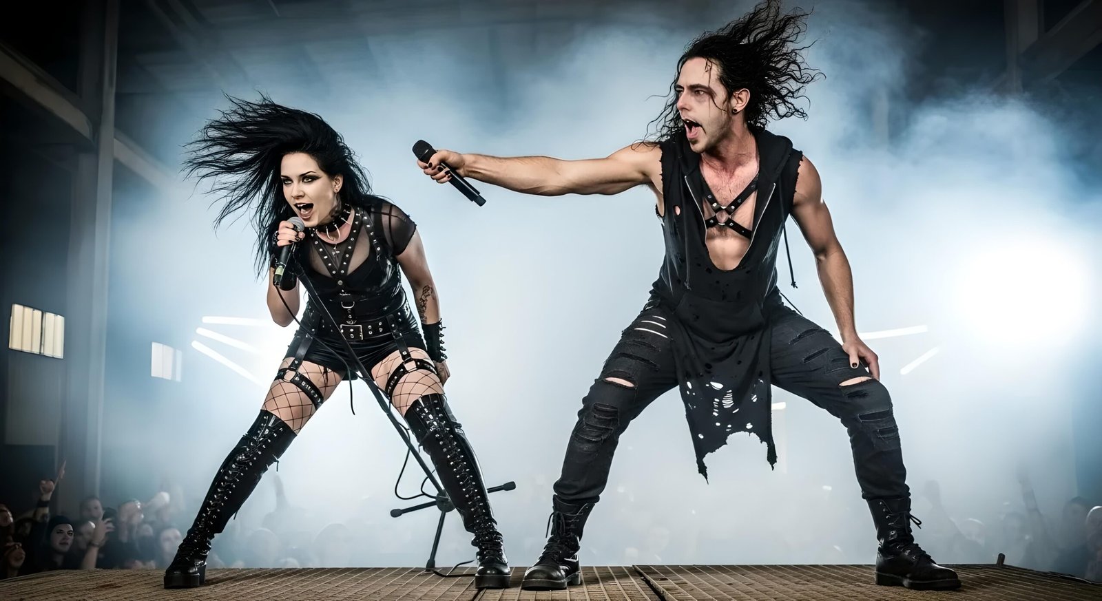 Lina screams into a mic while Xavi holds his out toward the crowd during an industrial live set.
