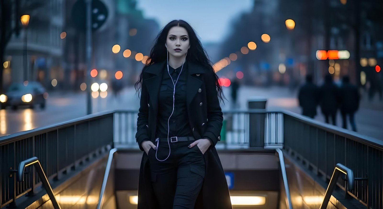05 Sylvana Nightshade walking up from subway in Hamburg wearing black trenchcoat at dawn
