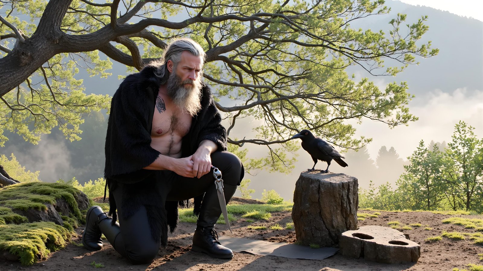 Bearded man in fur cloak kneeling with dagger beside a raven on a tree stump in a misty forest at sunrise. 