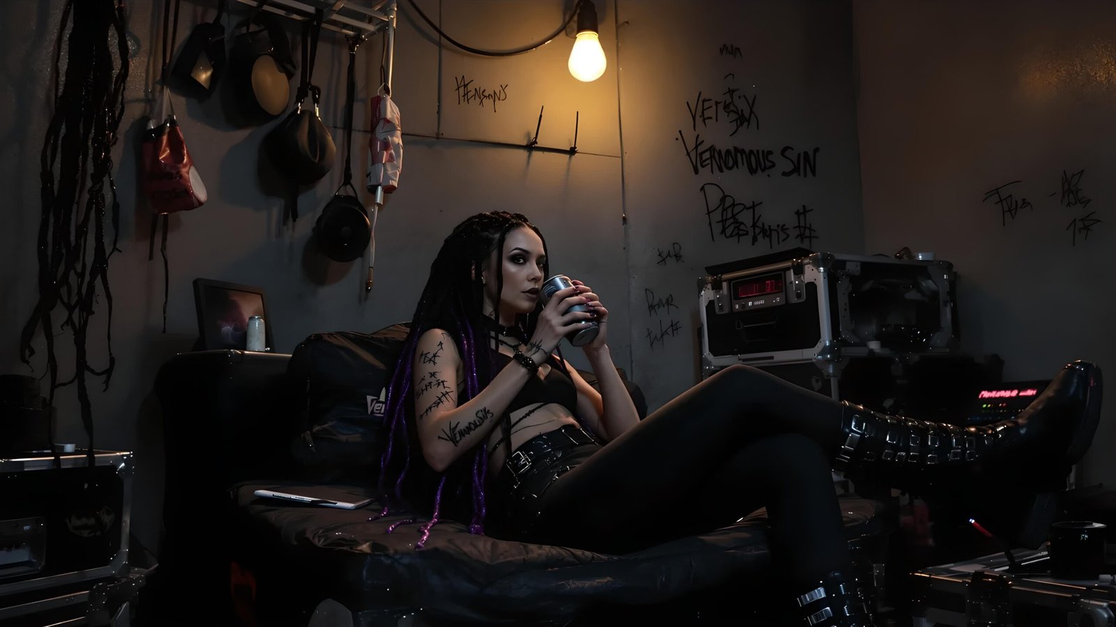 05 Cyberpunk woman sitting in dark room with glowing code screens and 404 mug, purple lighting