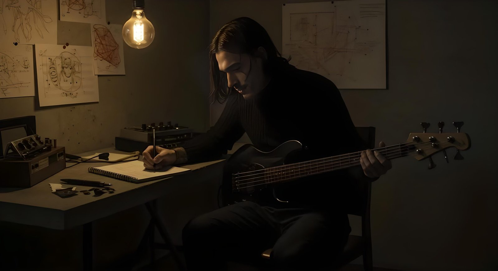 05 Lucien Voidreign writing music with a bass guitar across his lap in a dim studio with sketches on the wall