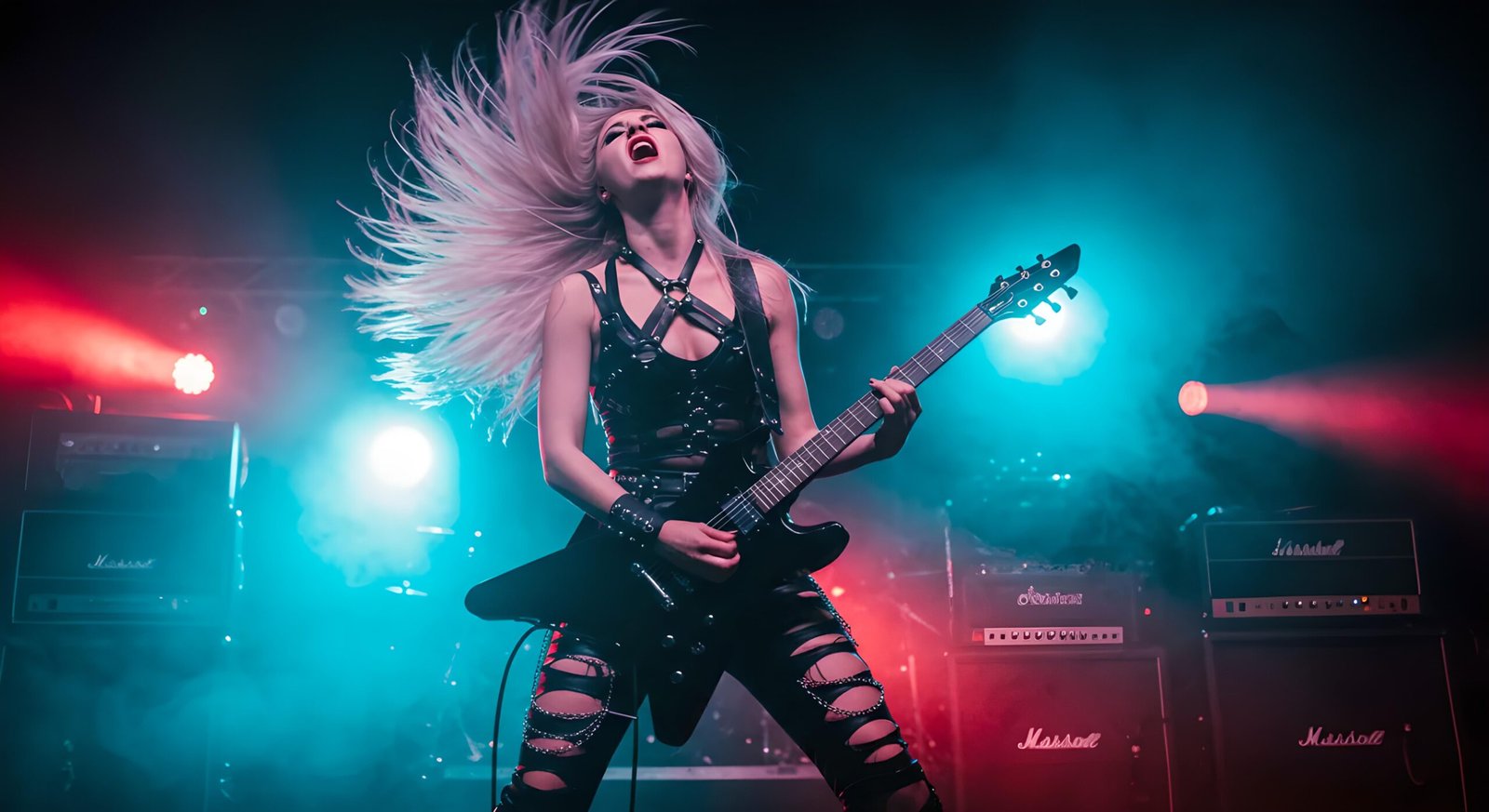 Guitarist with platinum hair mid-headbang on stage in leather harness, blue and red lights in background