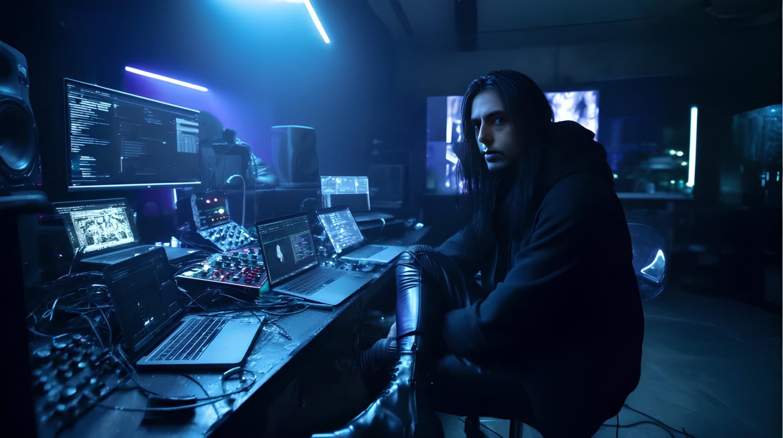 06 Long-haired musician in black sits at a cluttered desk surrounded by glowing screens, wires, and audio gear.