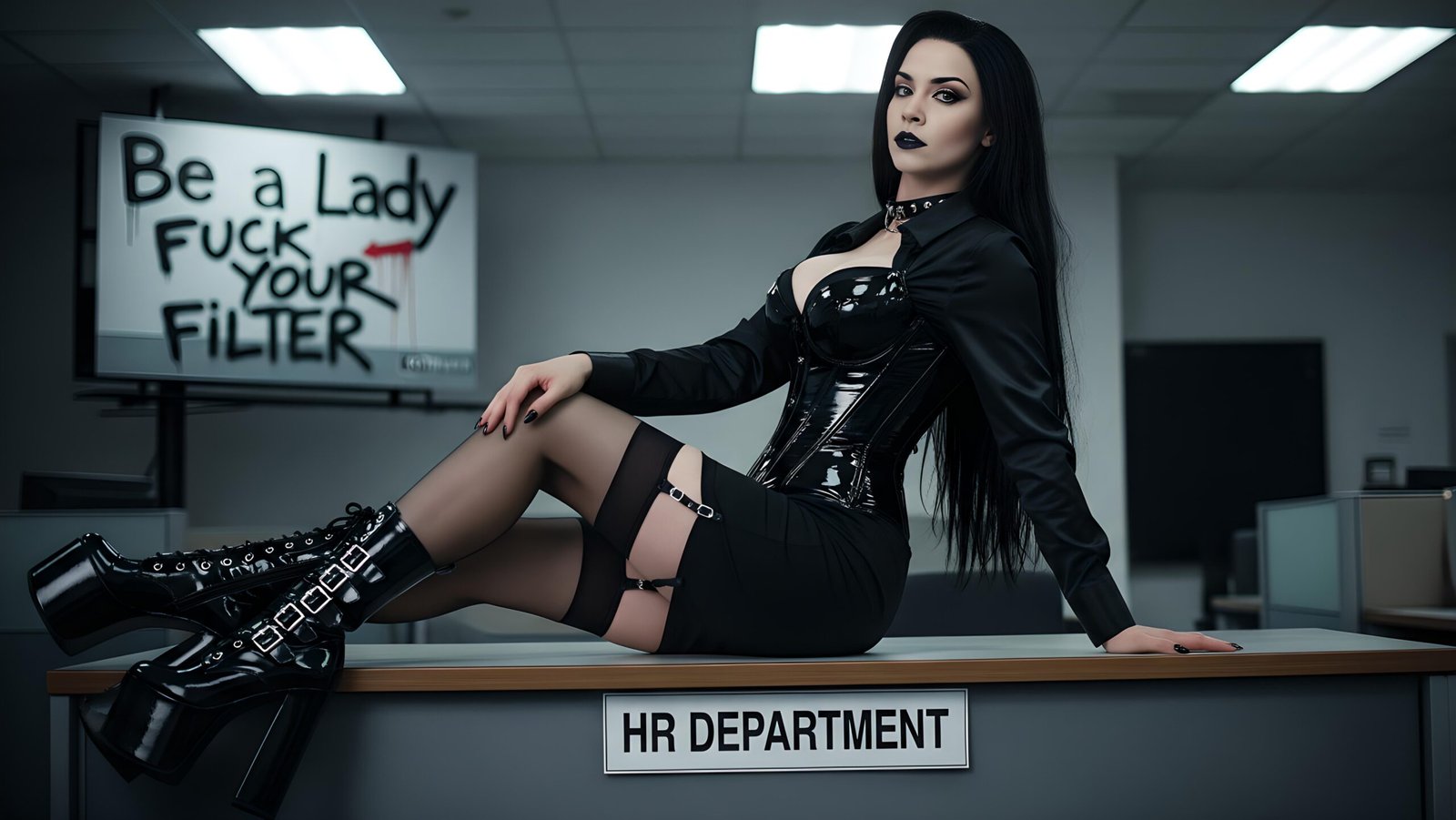 Lina Macabre lies on HR desk in latex and garters, surrounded by office lies and filtered slogans.