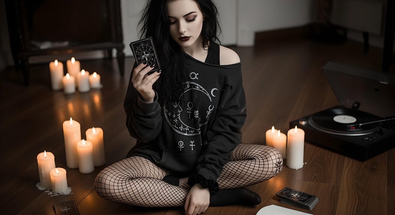 06 Sylvana Nightshade sitting cross-legged in black hoodie holding tarot card surrounded by candles
