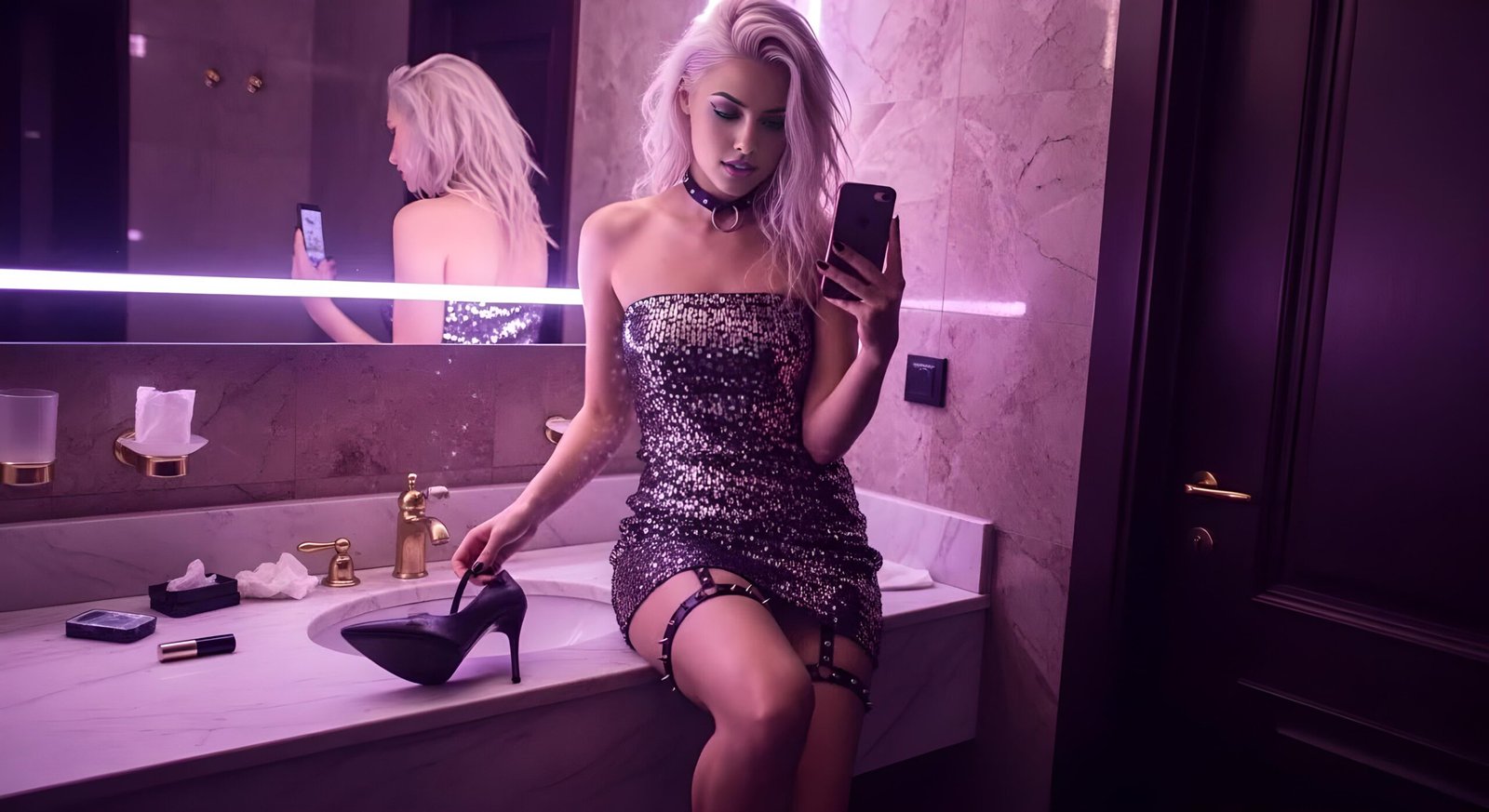 06 Celeste Lightvoid sitting on a marble sink counter in a sequin dress and holding a broken high heel, texting on her phone in a neon-lit nightclub bathroom.