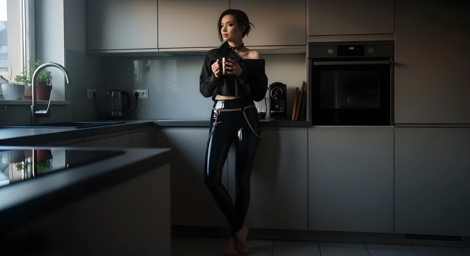 Zariel Graveborn barefoot in modern kitchen, wearing latex pants and oversized shirt, drinking morning coffee.