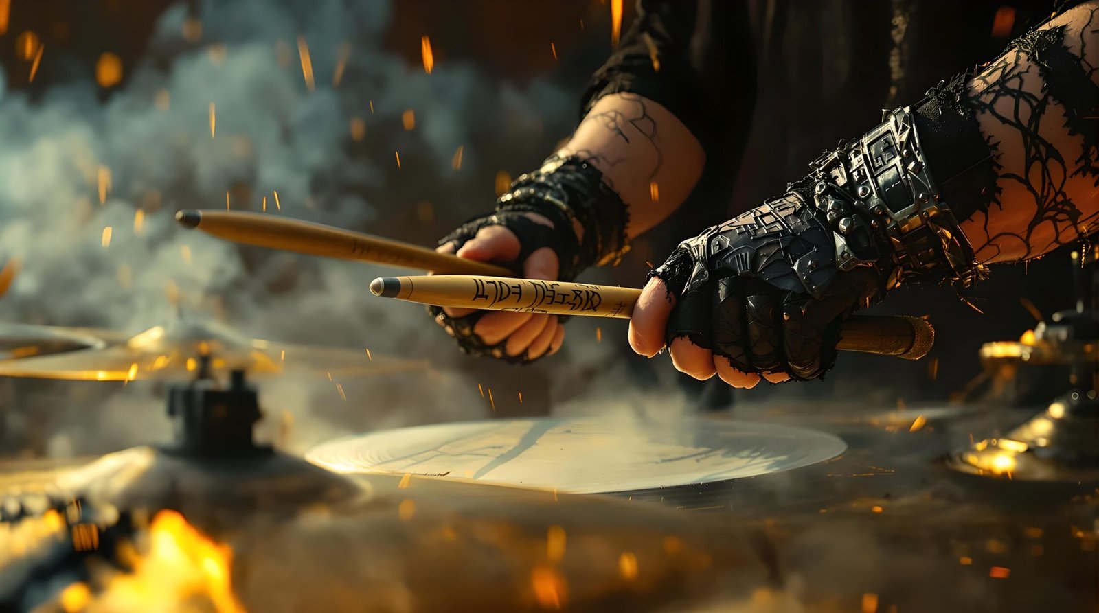 Drumsticks mid-air over cymbals, gloved hands with runes and metal bracers, sparks and smoke surrounding them.