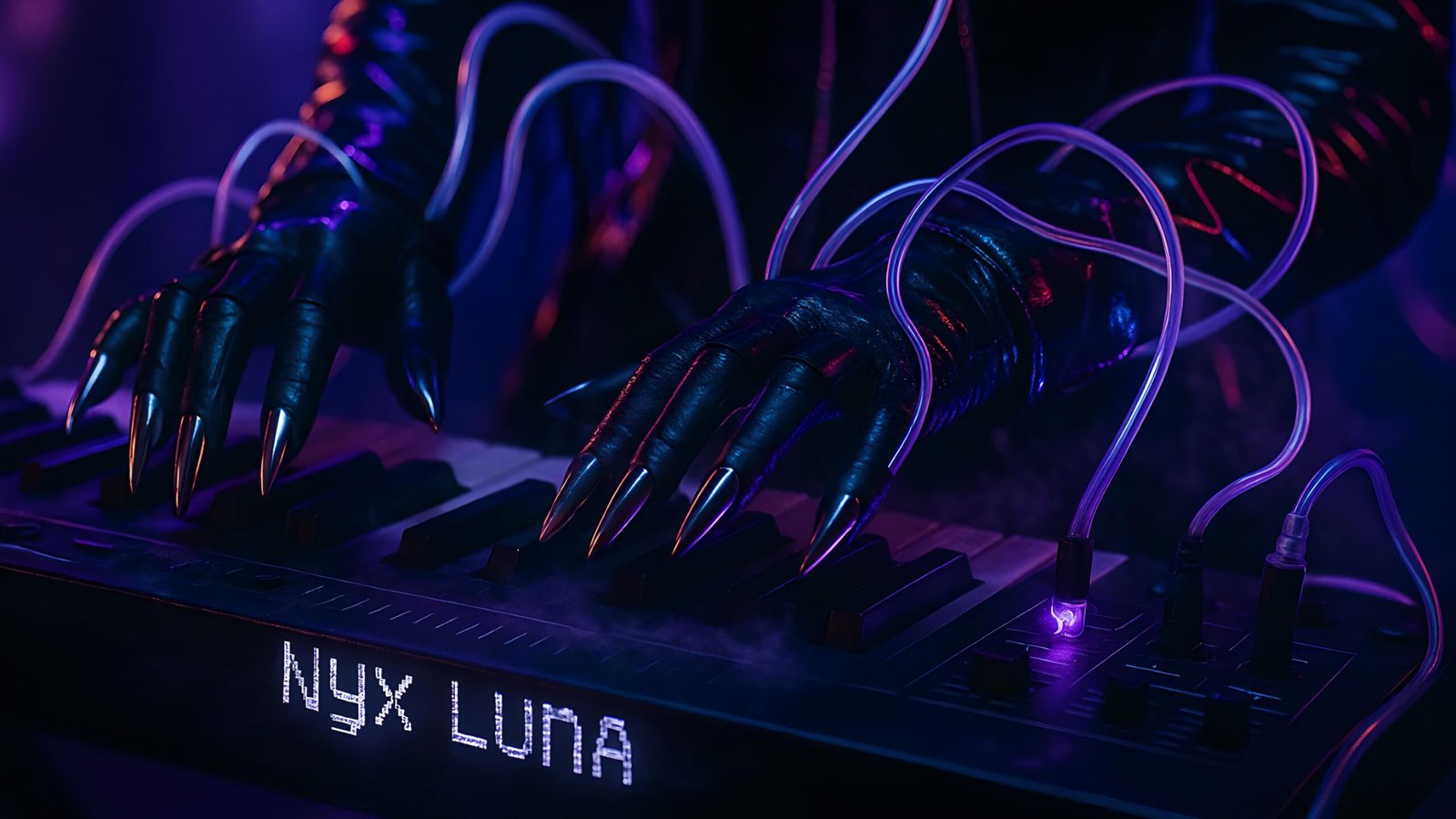 06 Cybergoth woman in leather outfit playing synth live, fiberoptic dreads glowing in purple fog