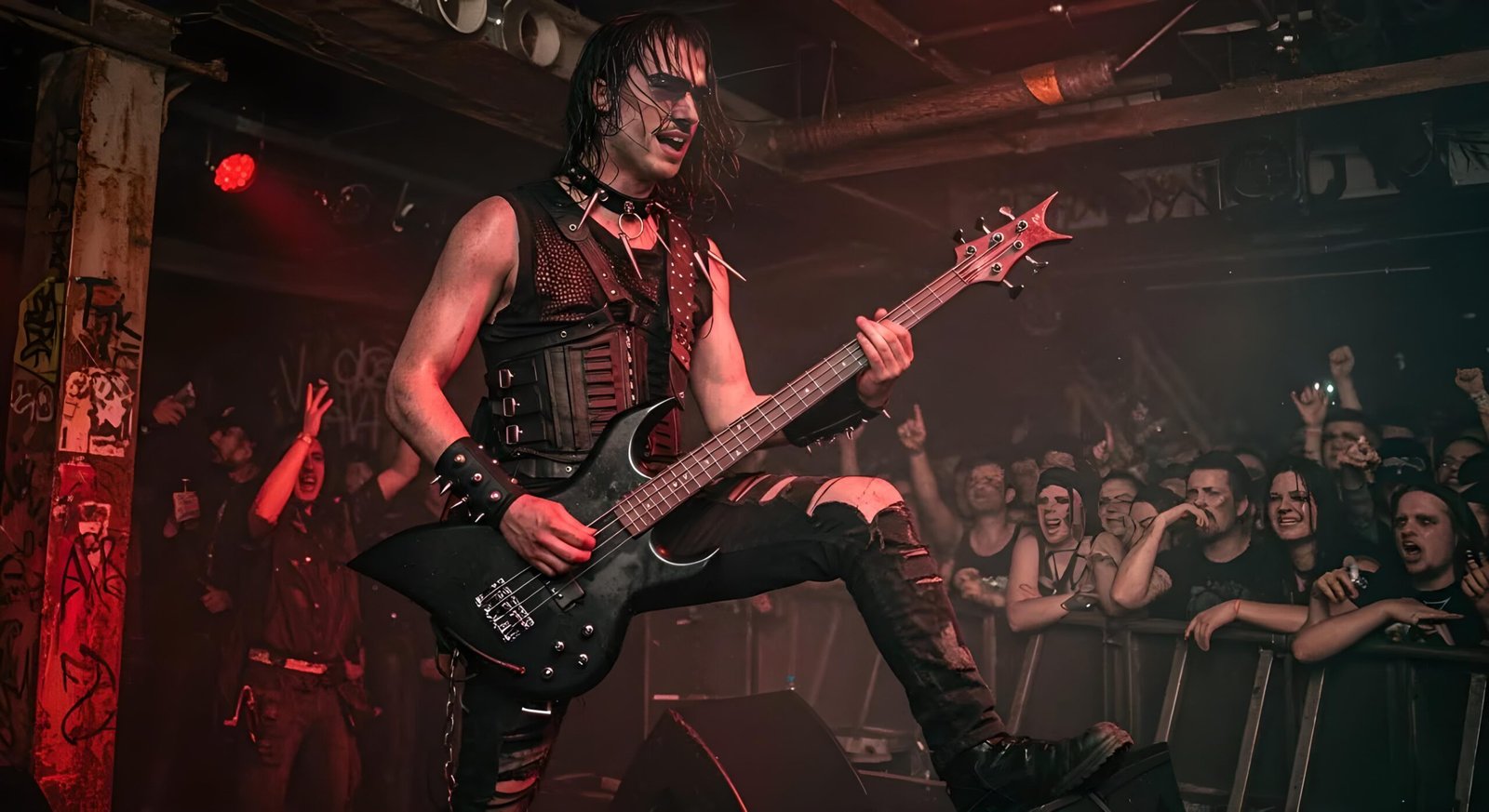 06 Lucien Voidreign performing in a packed underground club, dressed in black leather with spiked wristbands