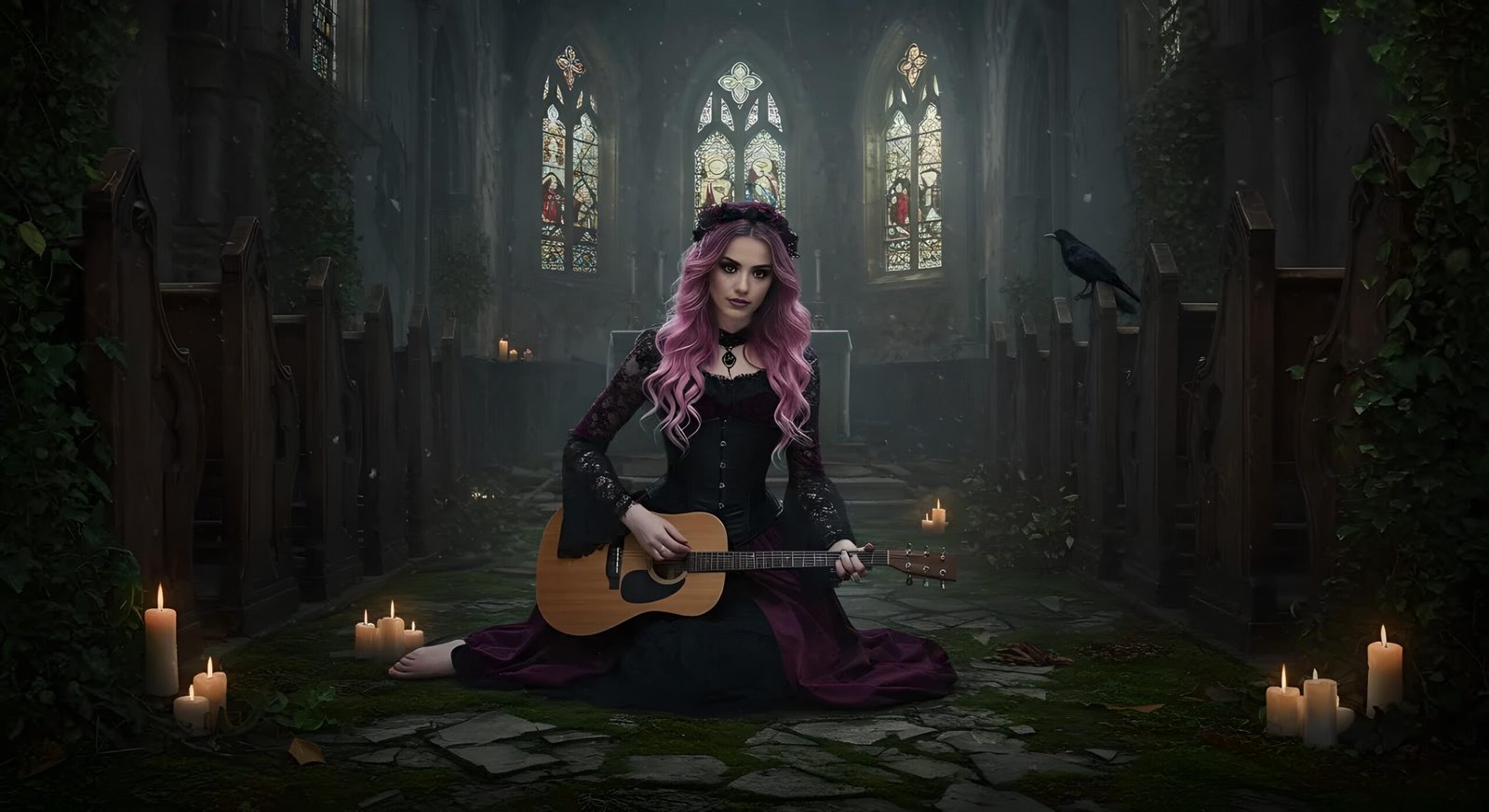 Seraphina Ashtorn kneeling in abandoned church playing acoustic guitar surrounded by candles and stained glass