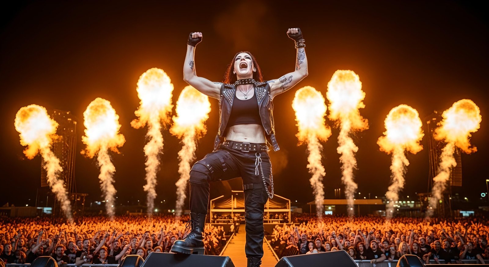 07 Ravena Deaththorn stands on a monitor box screaming over a massive crowd, arms raised, fire blasts behind her on festival stage