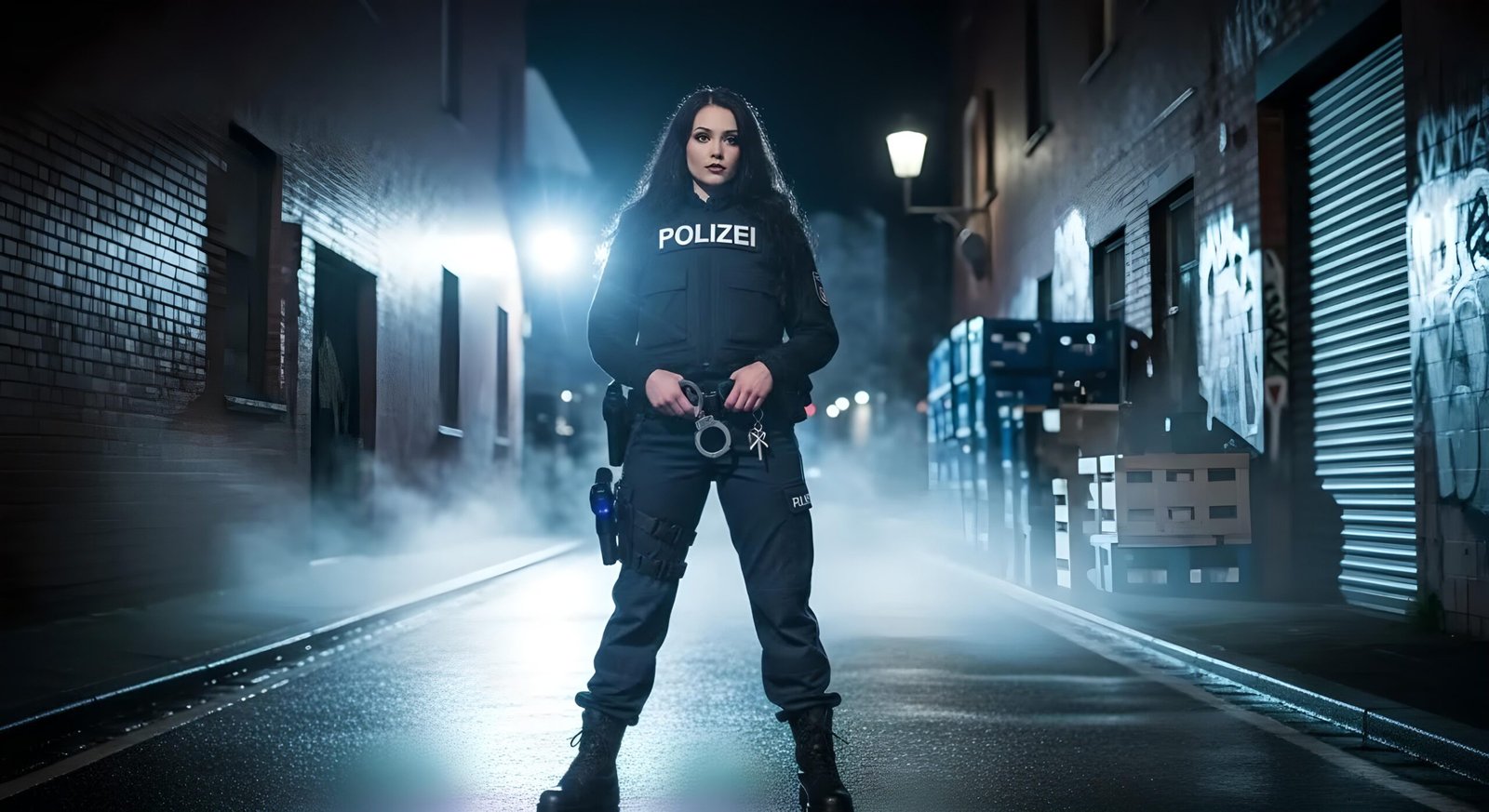 07 Sylvana Nightshade in German police uniform standing alone in wet alley with police lights
