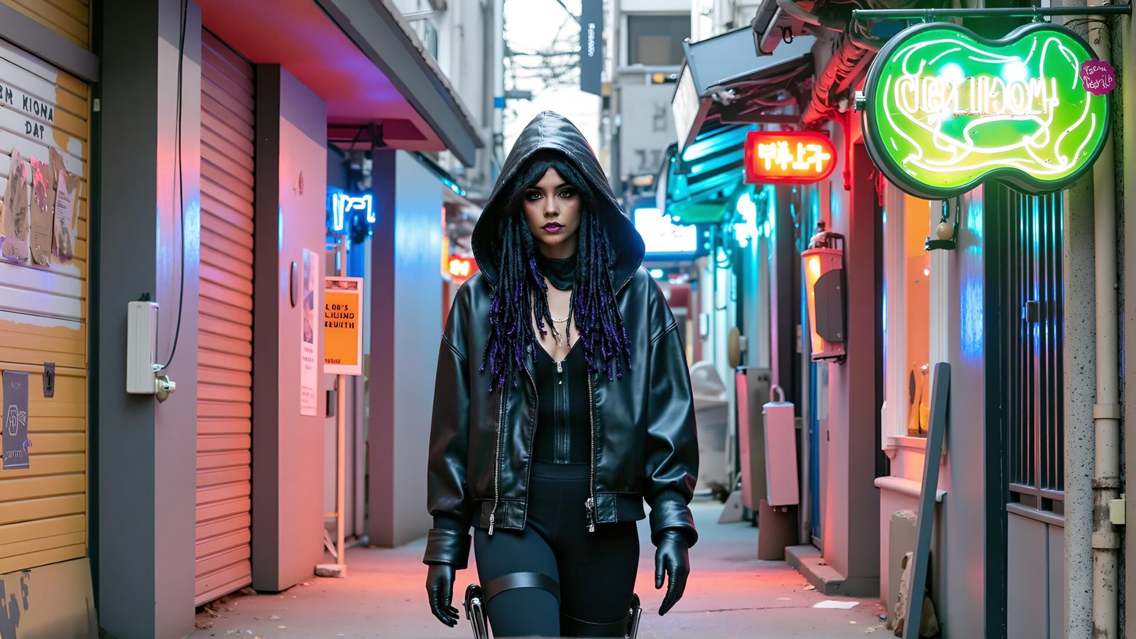 07 Female cyberpunk performer on stage with glowing synth, glitch visuals and neon purple lighting