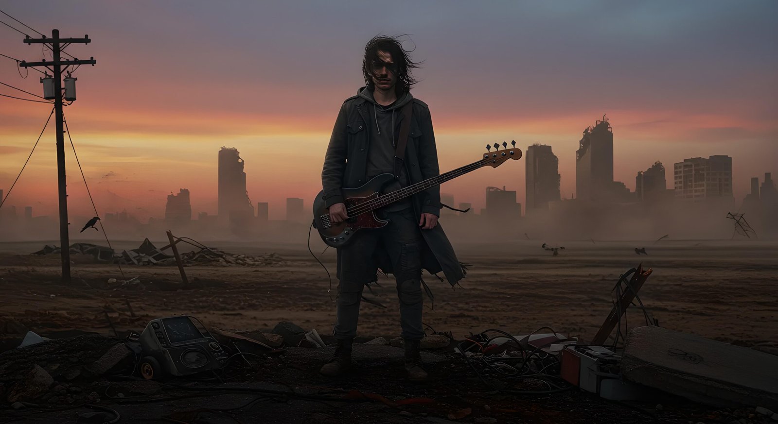 07 Lucien Voidreign standing in a destroyed urban wasteland at sunset with his bass guitar strapped to him