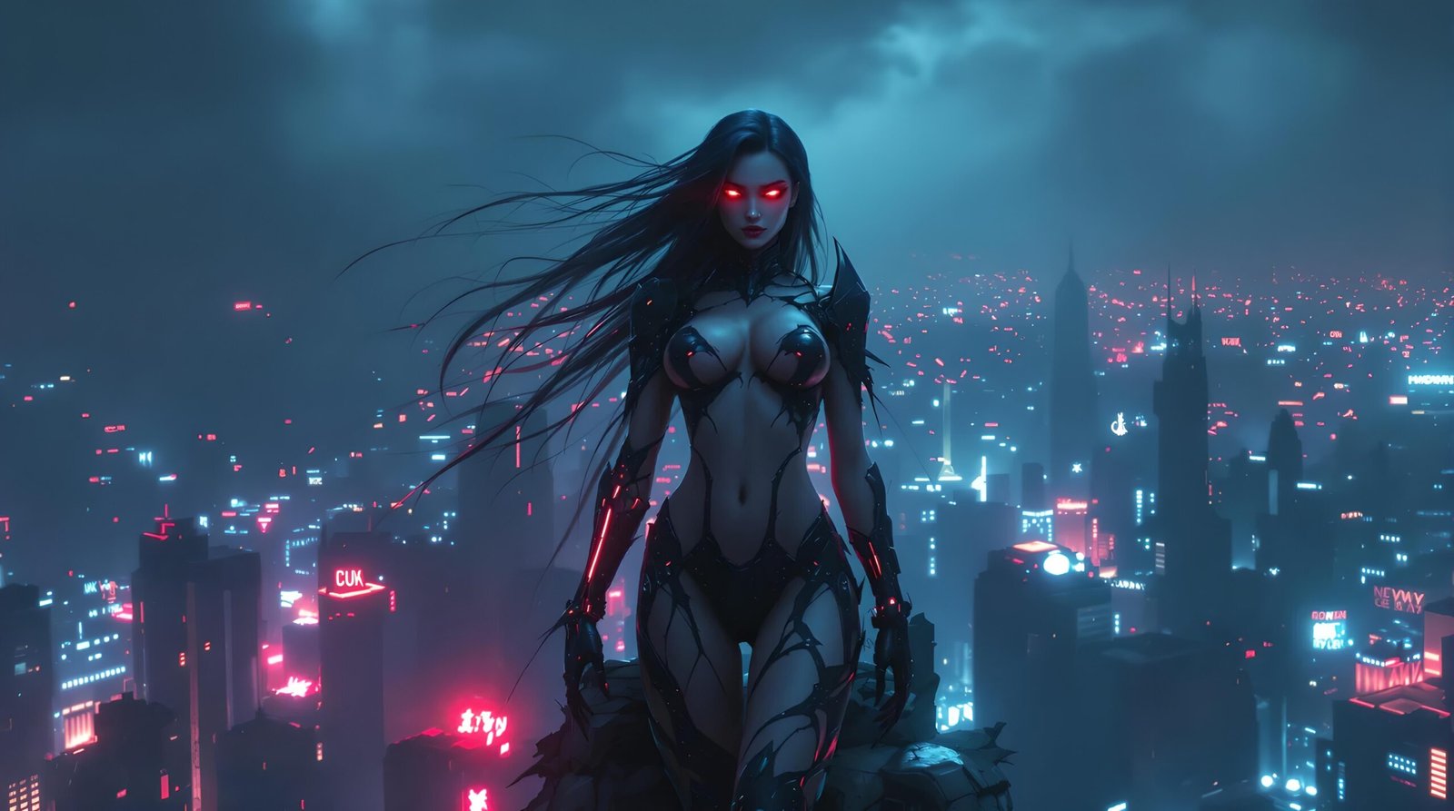Oblivion standing on a skyscraper rooftop in a neon-lit city, eyes glowing red, biomechanical form radiating menace.