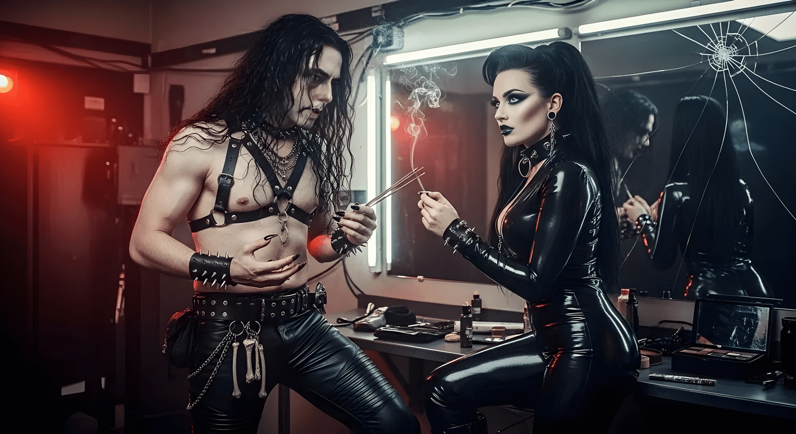 Xavi and Lina hold incense sticks in a dark backstage room, surrounded by mirrors and smoke.