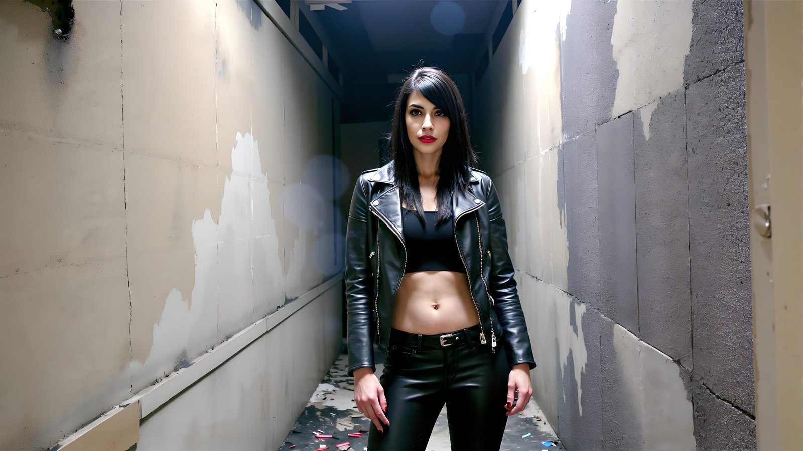 08 Ravena standing in a dark, damaged hallway wearing black leather, staring fiercely ahead with a dominant expression.