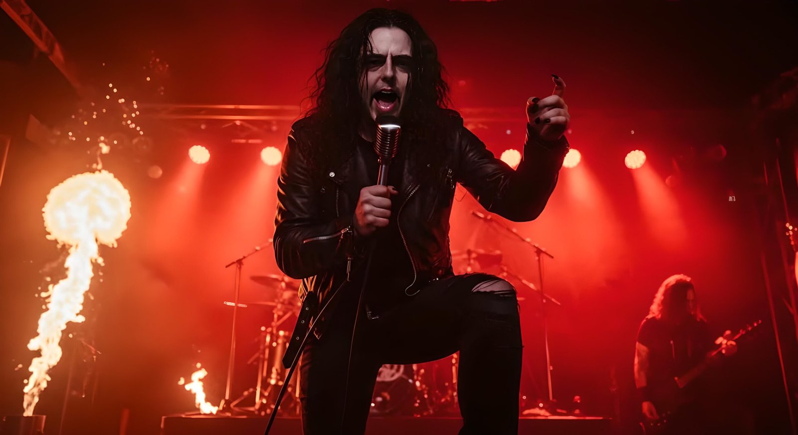 08 Gothic frontman in black leather screams into a mic onstage as fire erupts around him under red lights.