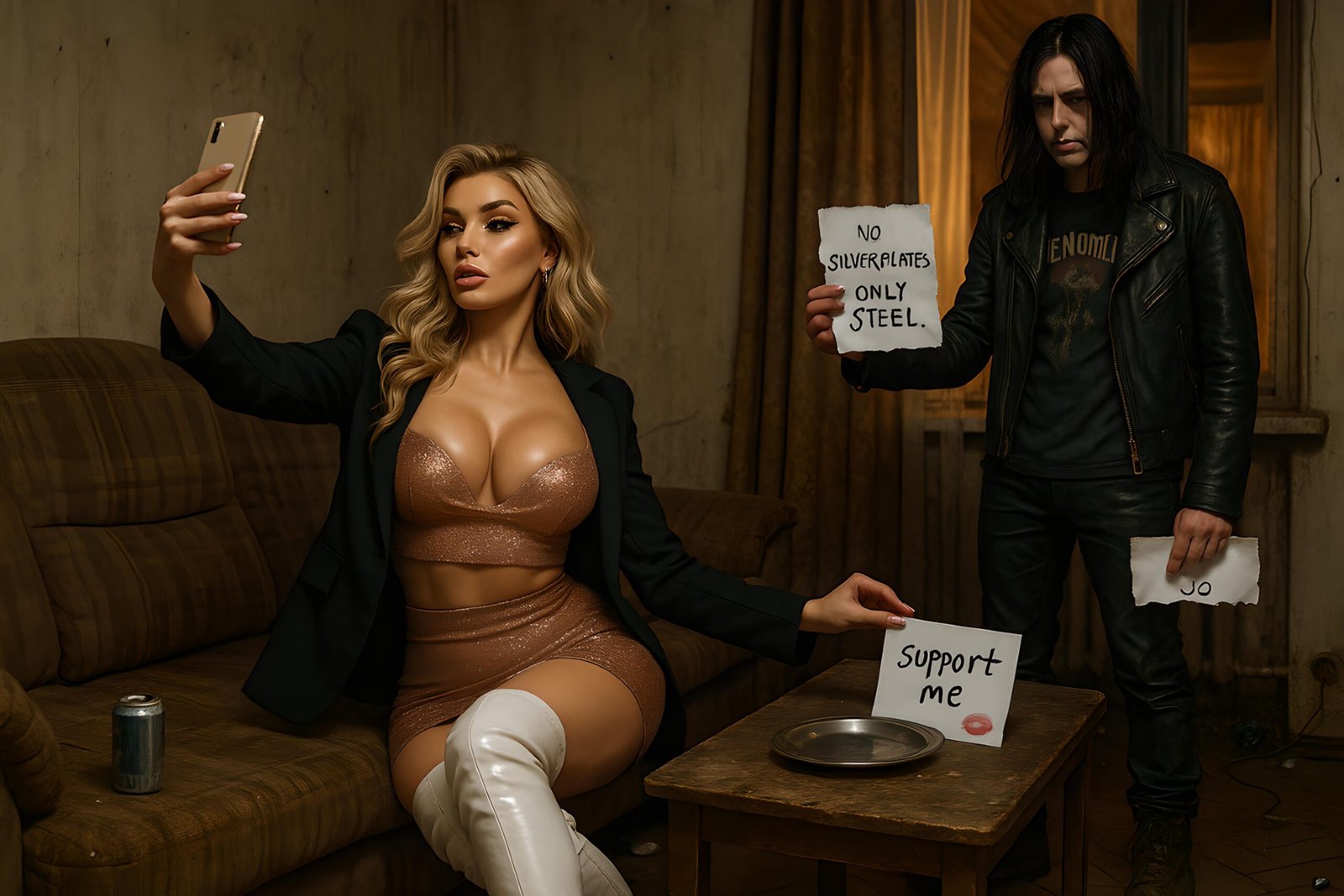 09 Xavi in leather jacket and Venomous Sin t-shirt standing with a sign reading "No silverplates. Only steel." next to a blonde influencer on the couch with white boots
