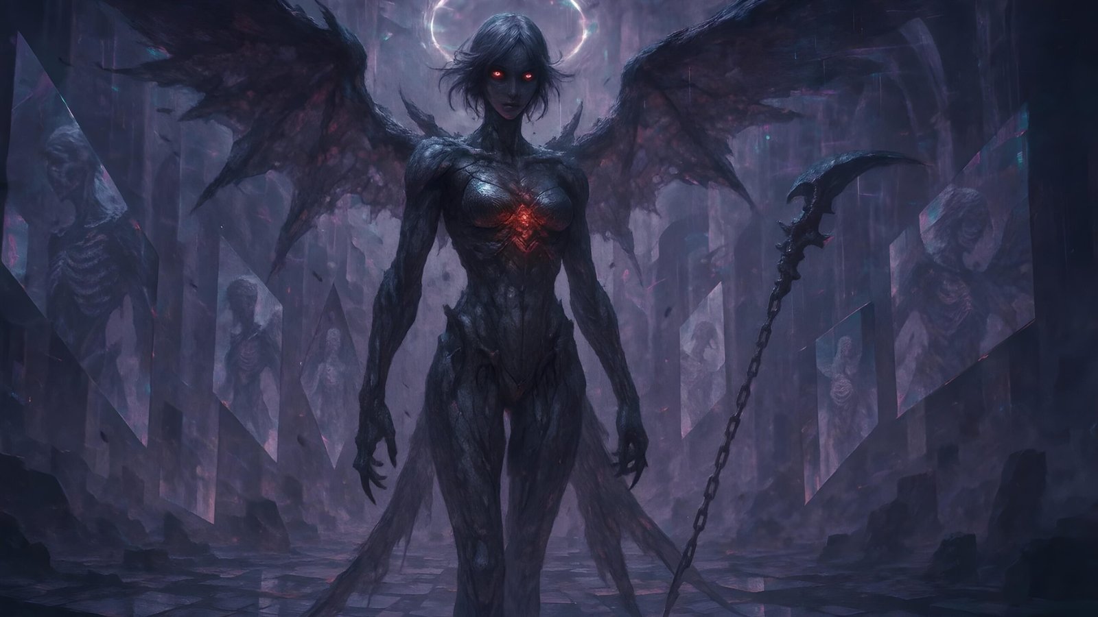 Oblivion walking through a scorched desert with a burning scythe and torn wings, sparks flying from molten cracks below.